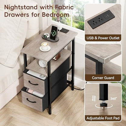 Set of 2 Nightstand with Charging Station and LED Lights, Narrow Side Table, LED Night Stand with 2 Fabric Drawers, Bedside Table Small End Table, Tall Nightstand for Bedroom, Rustic Grey - color: Greige, size: 2, style: With LEDs