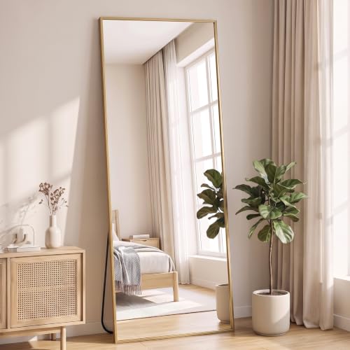 NEWBULIG Full Length Floor Mirror 64"x21", Body Standing Mirror | Wall Hanging or Leaning, Shatter-Proof Glass, Aluminum Alloy Frame with Stand, Home Decor Bedroom, Gold - color: Gold-rect, size: 64"L x 21"W