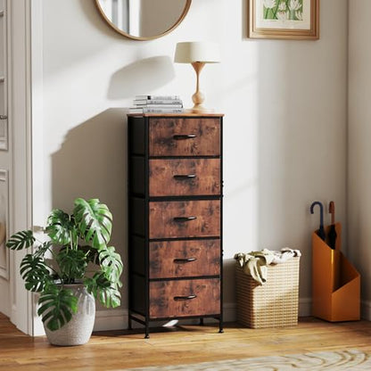 DUMOS Nightstand with 5 Drawers, Bedside Table with Removable Fabric Bins, Sturdy Steel Frame Wood Top Skinny Dresser for Bedroom Closet Living Room, Brown - color: Brown, size: 15.7"D x 11.8"W x 47.7"H (5 Drawers)