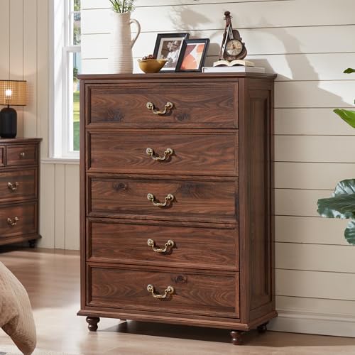 Joaxswe Farmhouse 5 Drawer Dresser for Bedroom, 45" Tall Rustic Chests of Drawers w/ 4 Solid Wood Feet, Mid Century Modern Wooden Closet Storage Dressers Organizer for Living Room, Hallway, Brown - color: Brown, size: 15.7"D x 31.5"W x 44.9"H (5 Drawers)
