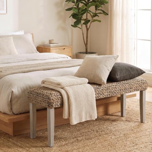 Solid Wood Acacia Indoor Bench, Natural Woven Water Hyacinth Seat, Grey Leg | Fishbone Style for Living Room or Entryway, Farmhouse Boho Coastal Bench - color: Fishbone - Grey Leg & Water Hyacinth