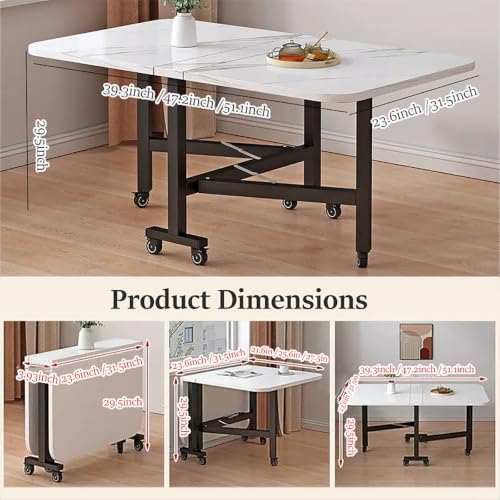 Wooden Foldable Dining Table with 6 Wheels,Space Saving Kitchen Table for Small Space,Rectangular Expandable Drop Leaf Dining Table for Dining,Living Room,Apartment,WoodA White,47.2" W - color: Wood a + White, size: 31.5"Dx47.2"Wx29.5"H
