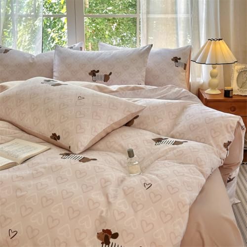 Dachshund Duvet Cover Queen Size Brown Dog Puppy White Pink Heart Reversible Comforter Cover Set 3 Pcs Kids Cute Soft Lightweight Microfiber Bedding Set with Zipper Closure and 2 Pillowcases - color: Dachshund Heart, size: Queen (1 Duvet Cover + 2 Pillowc