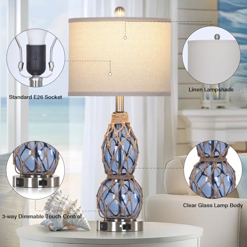 Rinweey 26" Coastal Glass Table Lamps Set of 2, 3-Way Dimmable Touch Lamps with USB Ports and AC Outlet, Nautical Bedside Lamps for Bedroom Living Room - color: Blue-2