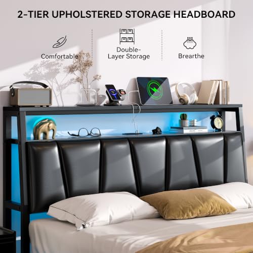 FreeHouse Full Size Bed Frame with Storage Headboard & 2 Drawers, Black | Upholstered Full bed frame with Charging Station & LED Light, Fabric Drawers,Metal Slats, No Box Spring Needed, Noise-Free - color: Black, size: Full