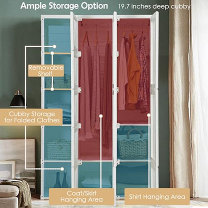 Tangkula Portable Closet Wardrobe, Foldable Clothes Organizer with Cubby Storage, Hanging Rods, Easy Assemble Clothing Storage with Magnet Doors, Folding Bedroom Armoire (10 Cubbies & 2 Rods)