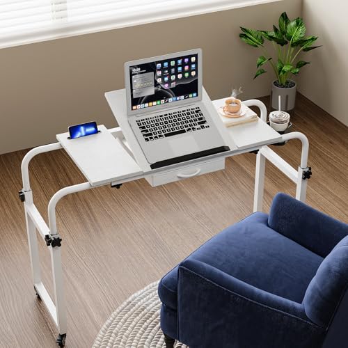 GiftGo Overbed Table with Wheels Rolling Laptop Desk Cart Table Height and Length Adjustable for Hospital and Home Use Over The Bed Table with Storage Drawer and Cup Holder (White, 31.5 to 47) - color: White