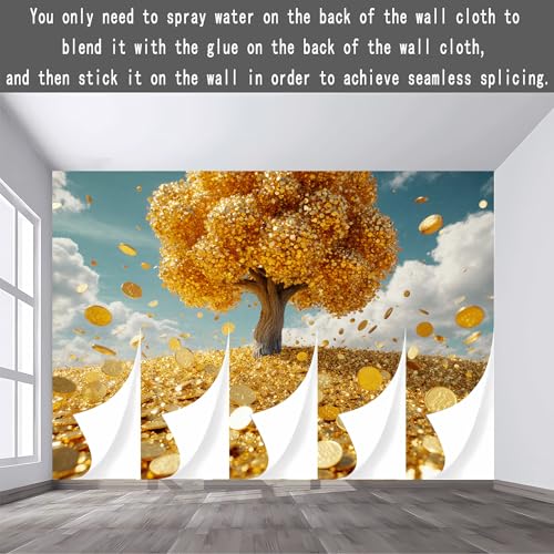 Custom Size Wall Sticker Mural，Golden Tree Money Coins Falling Sky，Removable SelfAdhesive Wall Fabric Large Photo Wallpaper for Living Room Bedroom