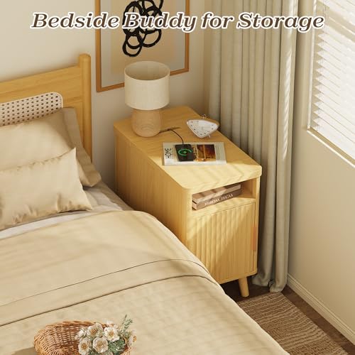 Huuger Narrow End Table with Charging Station, USB-C Port | Fluted Nightstand with Storage Cabinet, Back Rack, Farmhouse Side Table for Small Spaces, Night Stand, Walnut - color: Natural Wood