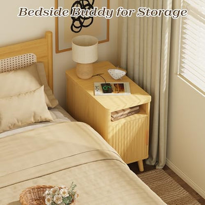 Huuger Narrow End Table with Charging Station, USB-C Port | Fluted Nightstand with Storage Cabinet, Back Rack, Farmhouse Side Table for Small Spaces, Night Stand, Walnut - color: Natural Wood