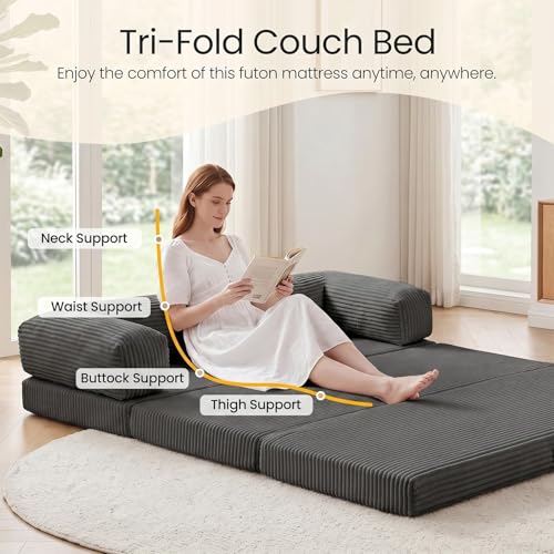 Erament Futon Sofa Bed Queen, Convertible Tri Folding Mattress Couch Bed Foldable with Removable Armrests & Washable Cover, Floor Mattress with High-Density Foam, Small Couch Bed, Queen, Grey - color: Grey, size: Queen