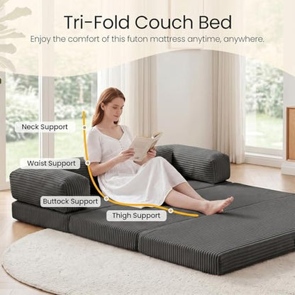 Erament Futon Sofa Bed Queen, Convertible Tri Folding Mattress Couch Bed Foldable with Removable Armrests & Washable Cover, Floor Mattress with High-Density Foam, Small Couch Bed, Queen, Grey - color: Grey, size: Queen