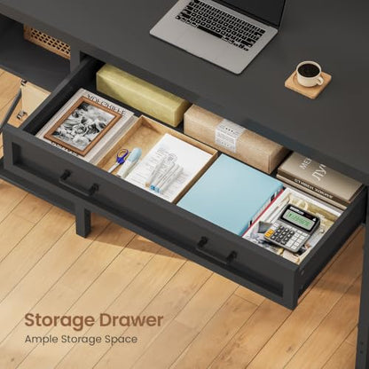 SEDETA 40" Small Computer Desk, Farmhouse Small Desk with Drawer & Storage Shelves, Writing Desk with Power Outlet, Study Table for Small Space, Desk for Bedroom, Home Office, Black - color: Black