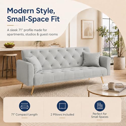 Majnesvon 71" Convertible Folding Sleeper Sofa Couch,Modern Velvet Loveseat Sleeper with 2 Pillows, Futon Sofa Bed with Mattress and Frame for Living Room,Bedroom,Small Space (Grey) - color: Grey