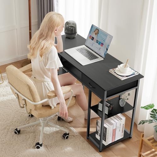 DUMOS 48-Inch Computer Desk with Drawers and Hook, Black | Home Office Desk for Bedroom, Gaming Writing Study Desk with Adjustable Feet - color: Black, size: 48-In