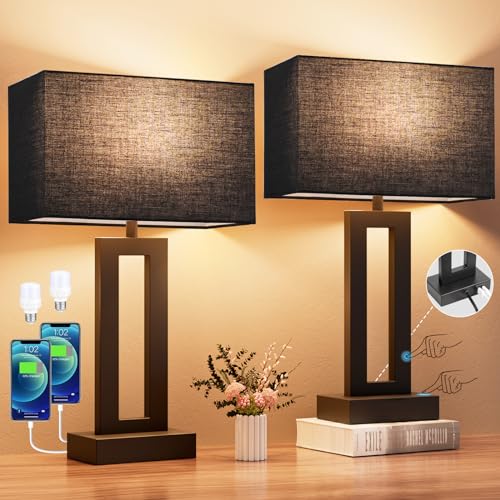 Seealle Nightstand Table Lamps for Bedrooms Set of 2 - Touch Bedside Lamp with USB C+A, 3 Way Dimmable Living Room End Tables 2, Modern Night Stand Bed Side Guest Room(Black) E. Black - color: E. Black&Black, size: Medium(19.6in)