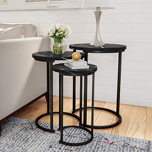 Lavish Home Round Nesting Tables Set of 3, Faux Marble Tabletop, Black | 25”H / 22.5”H / 20.25”H Modern Side Tables, Space Saving Accent Table Set, for Living Room, Bedroom, Dorm or Home Office - color: Black Marble