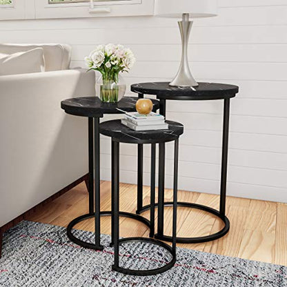 Lavish Home Round Nesting Tables Set of 3, Faux Marble Tabletop, Black | 25”H / 22.5”H / 20.25”H Modern Side Tables, Space Saving Accent Table Set, for Living Room, Bedroom, Dorm or Home Office - color: Black Marble