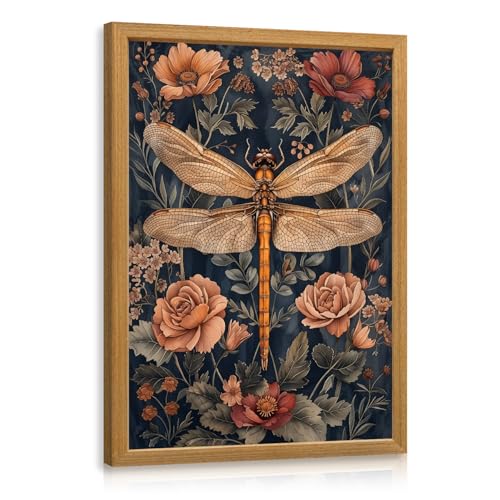 LLEEMPI William Morris Dragonfly Floral Wall Art, 12x16 Wood Framed Print | Vintage dragonfly floral art for living room, bedroom, bathroom or office; a nature-inspired gift for insect lovers. - color: Dragonfly, size: 16"L x 12"W