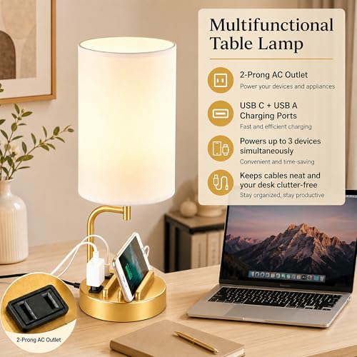 Dreamholder Touch Control USB Table Lamp with USB C/A & AC Outlet, 3-Way Dimmable Bedside Lamp, Modern Nightstand Lamps for Bedroom Living Room Guest Room Office, Bulb Included, Gold - color: Gold
