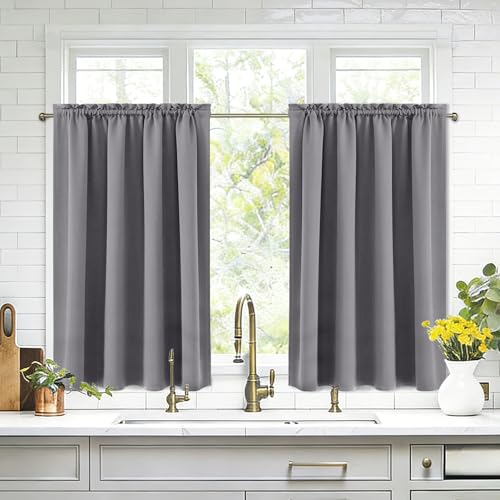 DWCN Short Blackout Curtains 42 x 36 Inch Long for Kitchen RV Bunk Grey | 2 Panels Set, Kitchen Window Curtains Over Sink, Thermal Insulated, Light Blocking, Rod Pocket Drapes for Small Window - color: Grey, size: 42"W x 36"L (Pack of 2)