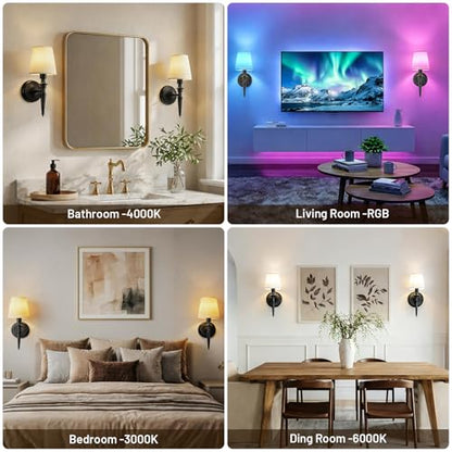 Battery Operated Wall Sconces Set of 2, Wireless Rechargeable Wall Lights with 12 RGB Colors and 3CCT Dimmable, Small Fabric LED Wall Lamps for Bedroom, Living Room, Hallway, Black - color: Black
