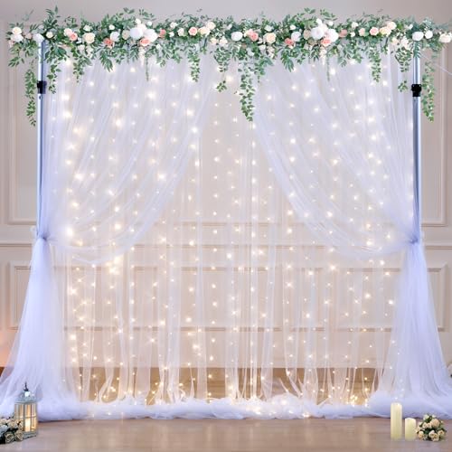 White Tulle Backdrop Curtain with Lights String for Parties Wedding Bridal Shower Sheer White Curtain Backdrop for Birthday Baby Shower Photo Booth Photography Background Decorations 10ft x 8ft - color: White, size: 10ft x 8ft ( 5ft(W) x 8ft(H), 2 panels