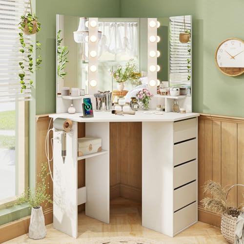 CHARMAID Corner Vanity Desk with Mirror and Lights, White Makeup Vanity Table with 5 Drawers, Storage Shelves, Charging Station, 3 Lighting Modes, Compact Vanity Dressing Table for Small Space