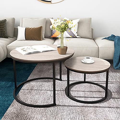 HOMERECOMMEND Round Coffee Table Set of 2 for Living Room,Natural Wood | Round Table with Solid Powder-Coated Metal Frame,round nesting coffee table set of 2 - color: Oak