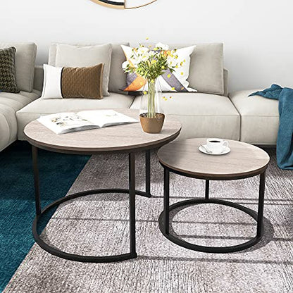 HOMERECOMMEND Round Coffee Table Set of 2 for Living Room,Natural Wood | Round Table with Solid Powder-Coated Metal Frame,round nesting coffee table set of 2 - color: Oak