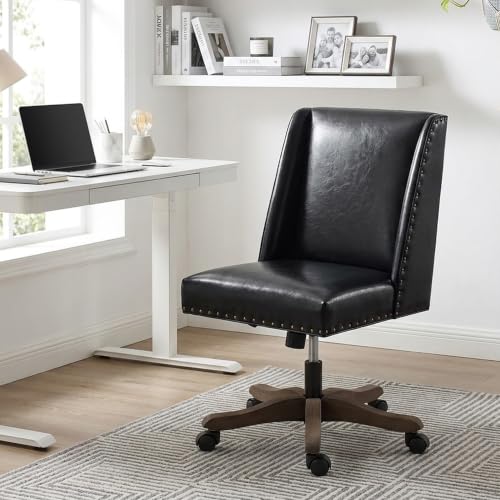 Upholstered Armless Office Chair Faux Leather Swivel Home Desk Office Chair | Modern Comfy Boho Office Chair with Wheels Adjustable Desk Chair no Arms for Sewing Women Farmhouse Study Studio PU Black - color: Black