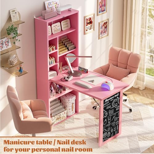 Small Folding Desk with Outlets, Convertible Writing Desk for Small Spaces/Home Office/Craft Room, Multi-Function Desk Workstation with Blackboard, Fold-Out Cabinet Table, Pink | Foldable Wall Mounted Desk Cabinet with Storage, Craft Cabinet with Fold Out