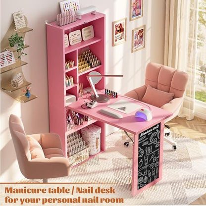 Small Folding Desk with Outlets, Convertible Writing Desk for Small Spaces/Home Office/Craft Room, Multi-Function Desk Workstation with Blackboard, Fold-Out Cabinet Table, Pink | Foldable Wall Mounted Desk Cabinet with Storage, Craft Cabinet with Fold Out