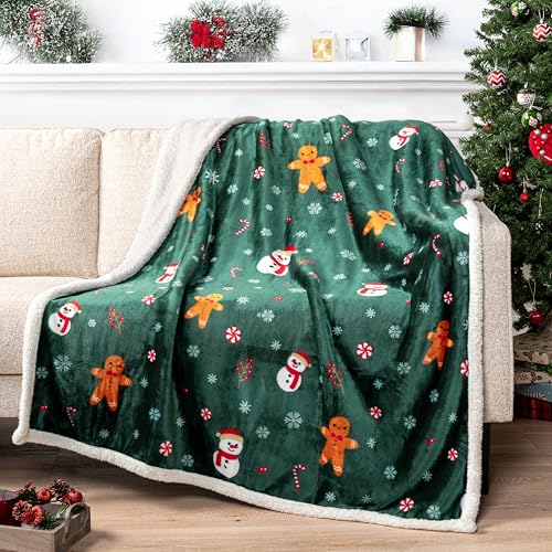 PAVILIA Green Christmas Sherpa Throw Blanket, Gingerbread Snowman Holiday Pattern, Soft Reversible Fleece & Sherpa 50x60 Winter Blanket for Couch & Bed, Cozy Christmas Decor - color: Green Gingerbread, size: 50 x 60 Inches