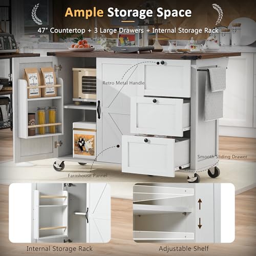 54.5”Farmhouse Kitchen Island Cart with Power Outlet, White | Rolling Kitchen Island, Drop Leaf, Power Outlet, USB Ports, Barn Doors, 2-Tier Storage, Spice Rack, 5 Lockable Wheels - color: White-54.5"