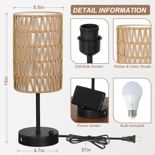 Touch Table Lamp For Bedroom with Bulb, Boho Small Desk Lamp For Living Room With Rattan & Linen Shade, 3 Way Dimmable Bedside Table Lamp For Nightstand With USB Charging Port & Phone Stand For Office - color: Black