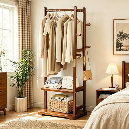 Coat Rack Solid Wood Hall Tree Storage 2 Shelves 5 Hooks | Hallway bedroom living room, durable wood construction, freestanding organizer design, coats hats wallets garments - size: Walnut - S (18.1''L×12.6''W×64.5''H)