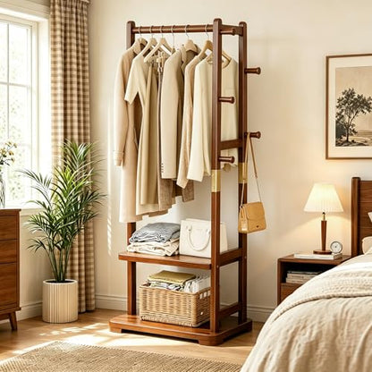 Coat Rack Solid Wood Hall Tree Storage 2 Shelves 5 Hooks | Hallway bedroom living room, durable wood construction, freestanding organizer design, coats hats wallets garments - size: Walnut - S (18.1''L×12.6''W×64.5''H)