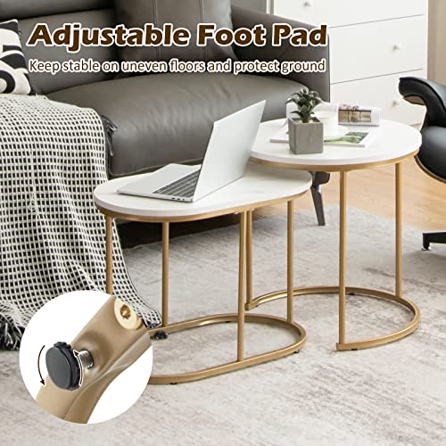 Giantex Modern Nesting Coffee Table Set of 2, Coffee Table & End Table Sets, Golden Steel Frame, Easy Assembly, Accent Marble-Look Stacking Side Table for Living Room Bedroom Apartment (Gold)