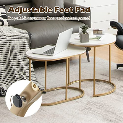 Giantex Modern Nesting Coffee Table Set of 2, Coffee Table & End Table Sets, Golden Steel Frame, Easy Assembly, Accent Marble-Look Stacking Side Table for Living Room Bedroom Apartment (Gold)