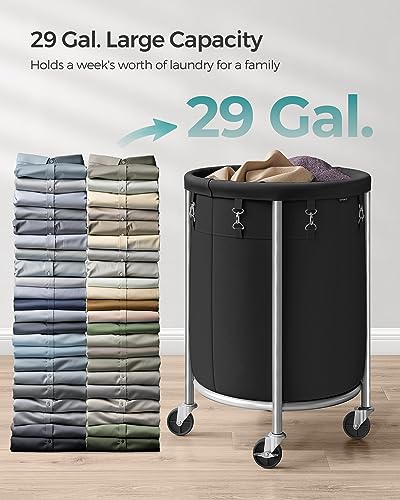 SONGMICS Laundry Basket, Rolling Steel Frame with 2 Locking Wheels, 110 L | Heavy-Duty Laundry Hamper Cart with Removable Bag, Ink Black and Metallic Silver, URLS002B01 - color: Ink Black + Metallic Silver, size: 110 L (1-Section)