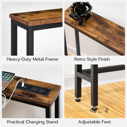 HOOBRO 39.4" Skinny Console Table with Power Outlet, 5.9" Behind Couch Table with Charging Station, Narrow Sofa Table, Long and Thin Table for Entryway, Living Room, Rustic Brown BF51UXG01 - color: Rustic Brown + Black, size: 39.4"L x 5.9"W x 31.5"H