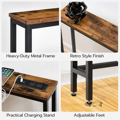 HOOBRO 39.4" Skinny Console Table with Power Outlet, 5.9" Behind Couch Table with Charging Station, Narrow Sofa Table, Long and Thin Table for Entryway, Living Room, Rustic Brown BF51UXG01 - color: Rustic Brown + Black, size: 39.4"L x 5.9"W x 31.5"H