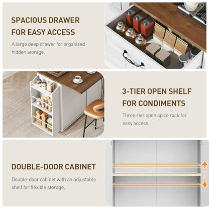 Kitchen Island with Power Outlet & Drop Leaf, Mobile Rolling Cart with Trash Can Storage, 3-Tier Spice Rack, Island Table for Kitchen, Dining Room, White and Walnut - color: White + Walnut