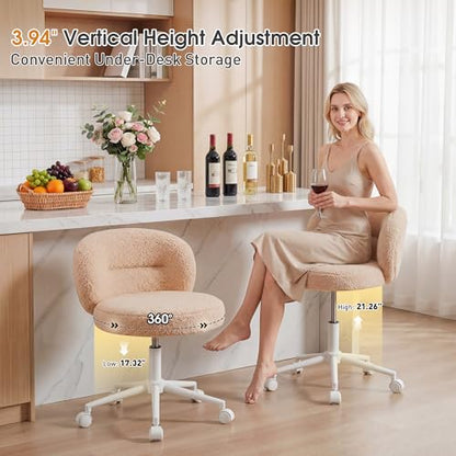 Homkdom Round Vanity Chair with Silent Wheels, 17.32" Wide Seat | Height Adjustable, 360 Swivel & Smooth Rolling, Armless Design for Makeup and Study - Yellow - color: Yellow