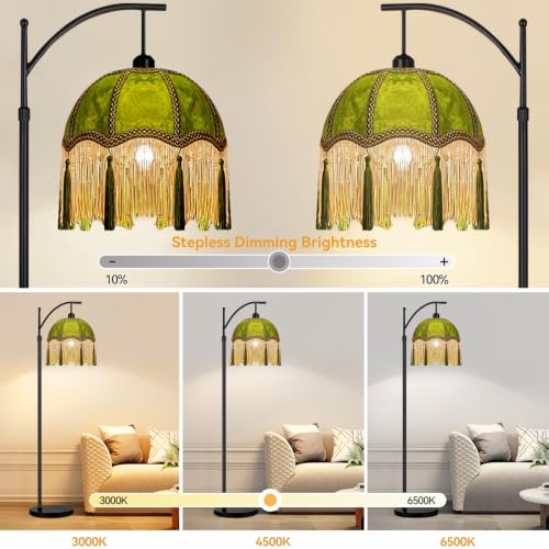 QIYIZM Arc Floor Lamp for Living Room,Bedroom,Standing Lamp with Remote Dimmable,Green Mid Century Black Tall Lamp Boho Vintage Retro Fringe Tassel Flower Velvet Unique Lamp Victorian Tiffany Decor - size: Floor Lamp--19