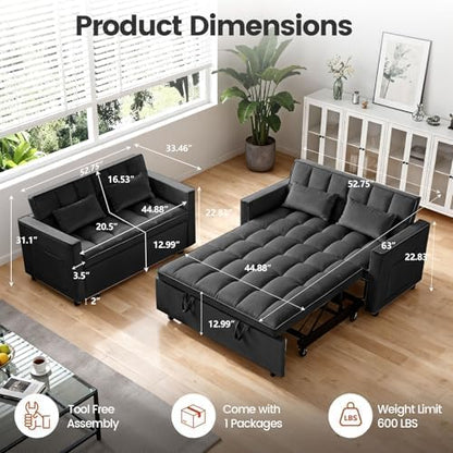 Sleeper Sofa Bed with Adjustable Backrest & Side Pockets, Black | Adjustable Backrest & Side Pockets,Pull Out Sofa,Comfortable Fabric - color: S-black-mos