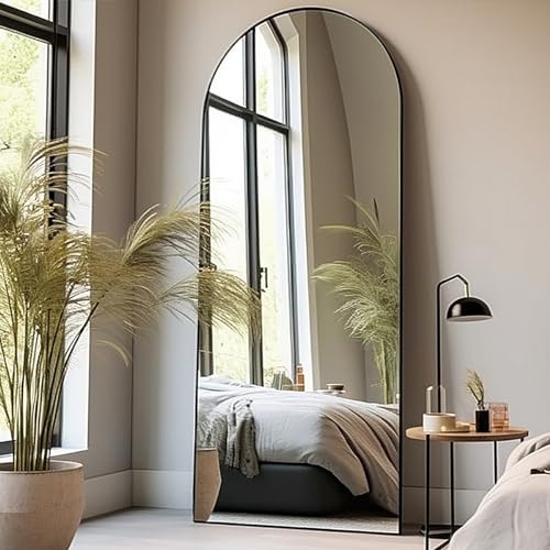 71"26" Arched Floor Mirror With Stand, Black Aluminum Frame, Freestanding or Wall Mounted, Modern Home Decor - color: Black, size: 71"L x 27"W