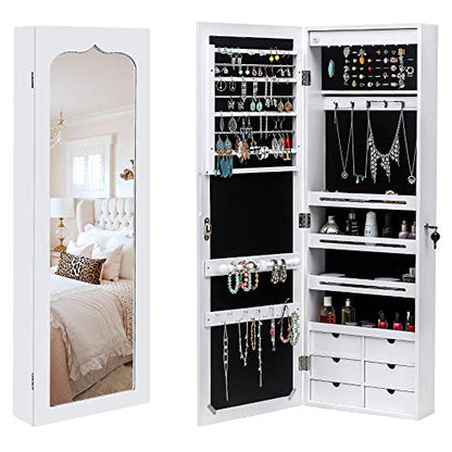 42.5" Wood Jewelry Mirror Cabinet,Wall or Door Mounted Jewelry Storage Cabinet,Space-Saving Large Jewelry Armoire Organizer,with Lock & LED Lights,for Living Room, Bedroom, Cloakroom (White) - size: 36.5x12.3x108cm