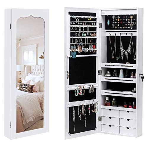 42.5" Wood Jewelry Mirror Cabinet,Wall or Door Mounted Jewelry Storage Cabinet,Space-Saving Large Jewelry Armoire Organizer,with Lock & LED Lights,for Living Room, Bedroom, Cloakroom (White) - size: 36.5x12.3x108cm